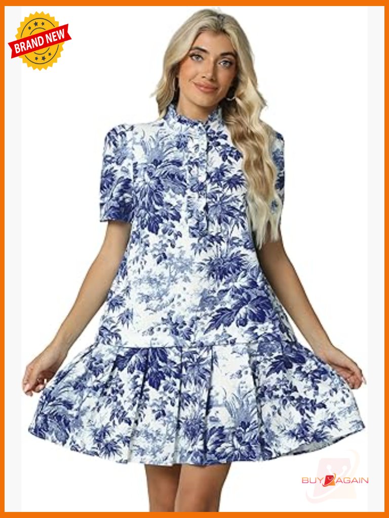Floral Mini Swing Dress With Ruffled Neckline